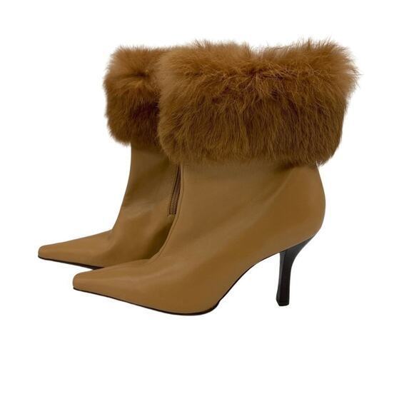 Antonio Melani leather glove fit fur camel color heel booties - Picture 1 of 10